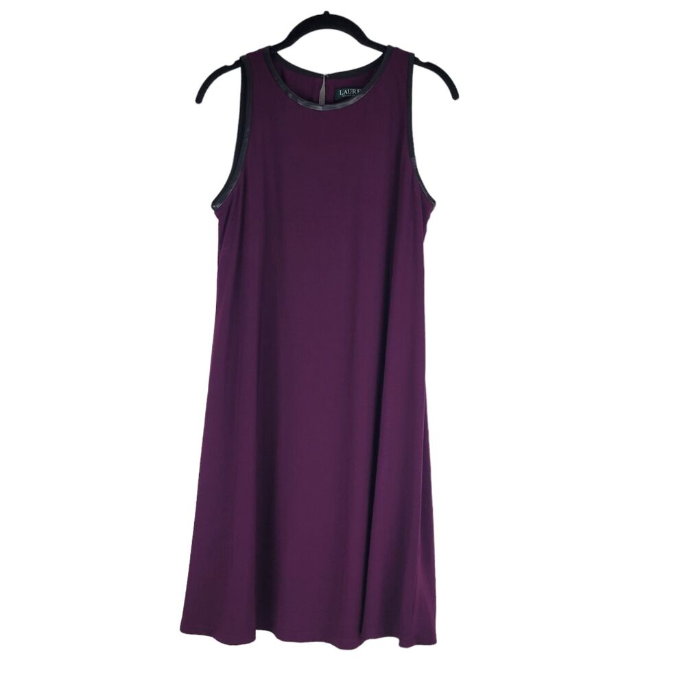 Lauren Ralph Lauren Sheath Dress size 10 Knit Plum Leather Detail Sleeveless